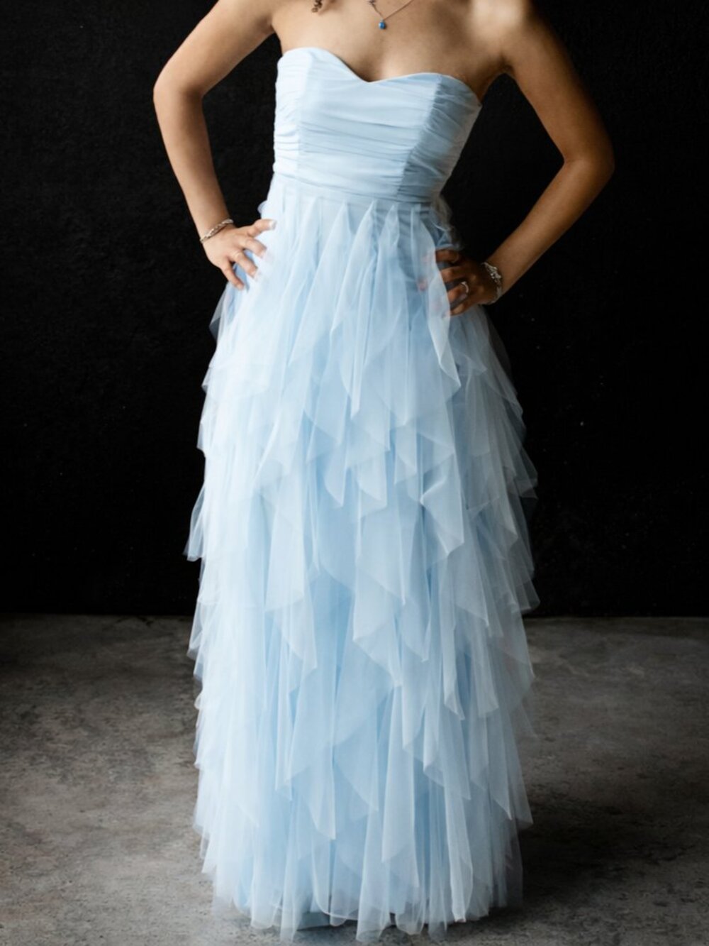 Lulus Delightful Beauty Blue Mesh Strapless Ruched Ruffled Maxi Dress - Small - Picture 3 of 4